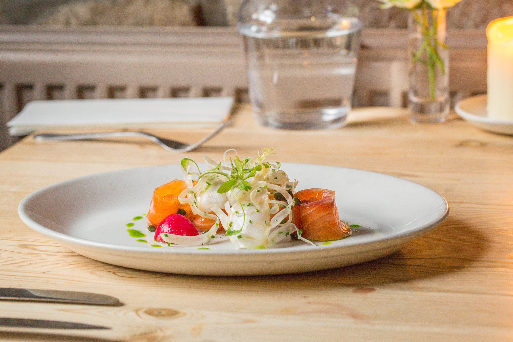 Scottish smoked salmon appetizer at the Grain Store, Edinburgh