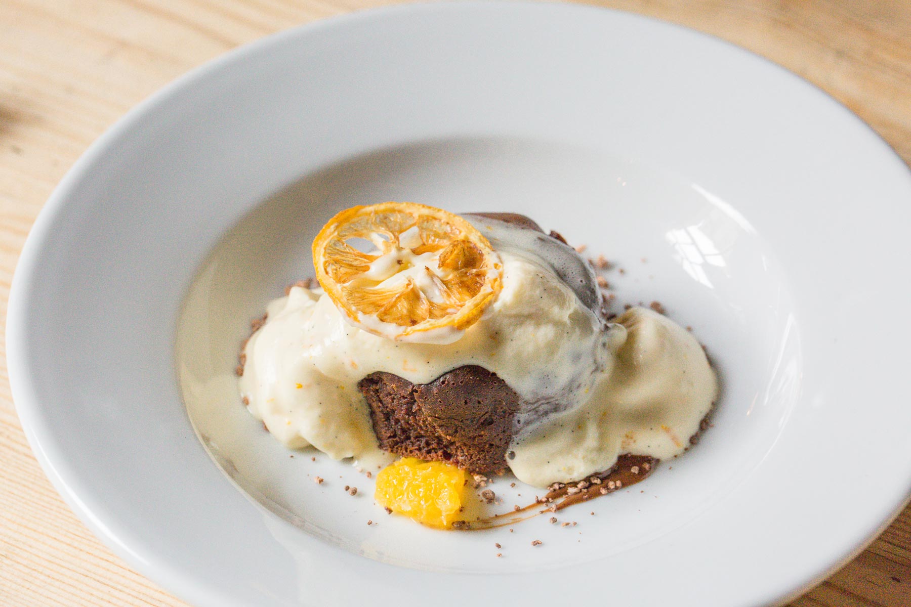 Chocolate fondant cake with orange cream at the Grain Store, Edinburgh