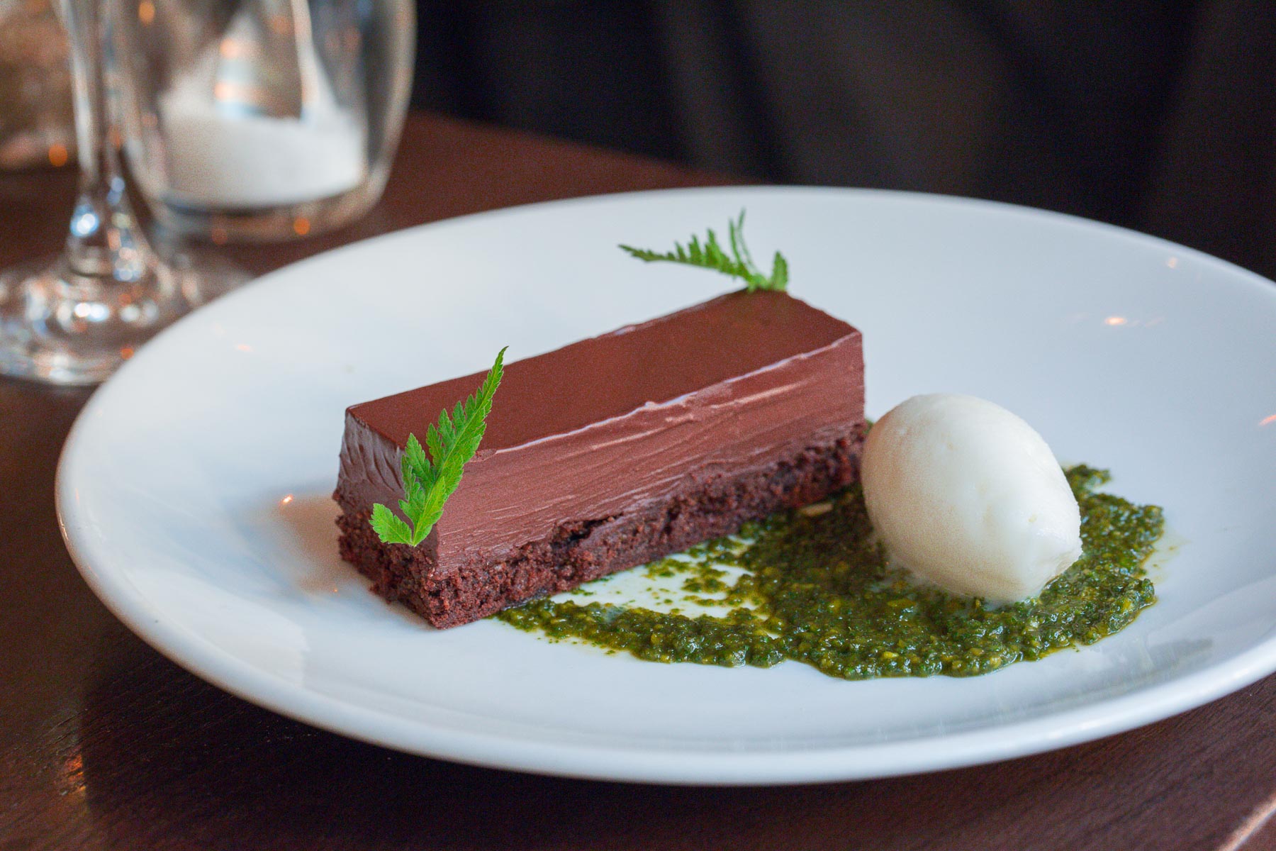 Chocolate Delice with milk sorbet and sweet cicely pesto at the Grain Store, Edinburgh