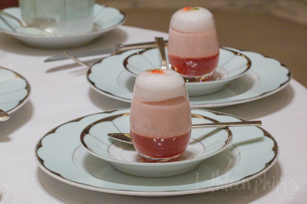 Palette cleansing dessert of Strawberry jelly with lime foam at the Dorchester, London